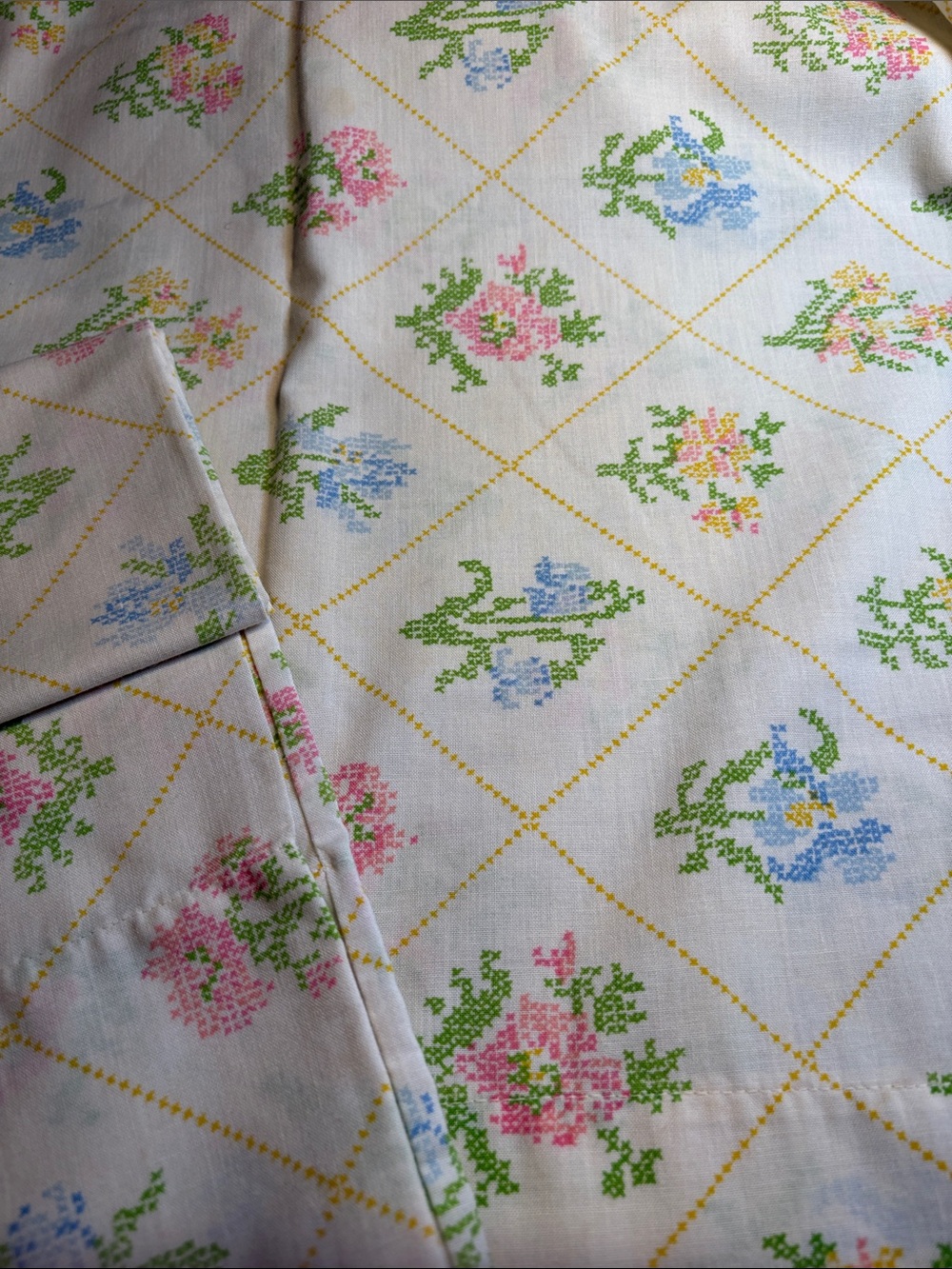 Vintage Floral Cross-Stitch Pattern pillowcases in White with Pink & Blue FF